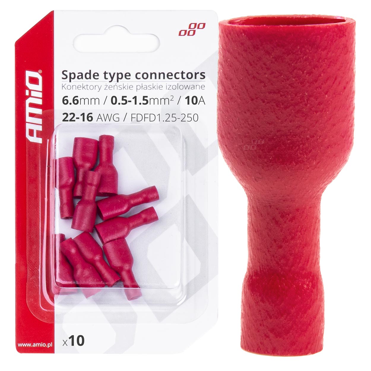Lāpstveida savienotāji 6,6 mm 0,5–1,5 mm2 10 A 10 gab. AMIO-03063 Lāpstveida savienotāji 6,6 mm 0,5–1,5 mm2 10 A 10 gab. AMIO-03063
