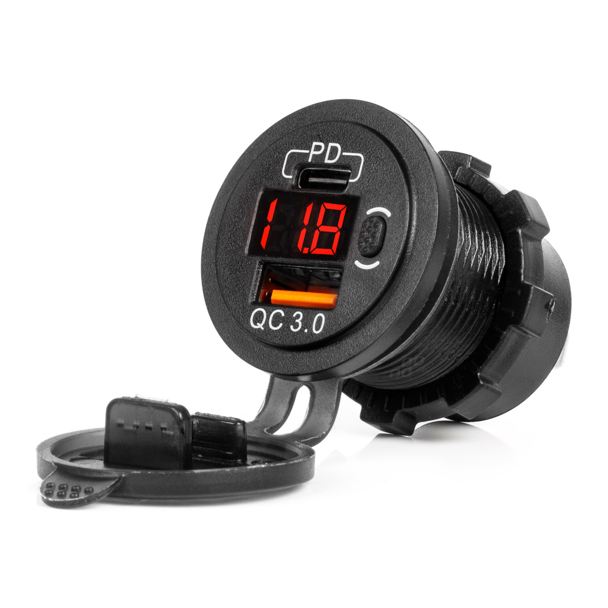 12/24 V ūdensizturīgs tālruņa lādētājs ar slēdzi, sarkanu LED indikatoru, digitālo voltmetru, USB + USB C, QC3.0 AMIO-04222 12/24 V ūdensizturīgs tālruņa lādētājs ar slēdzi, sarkanu LED indikatoru, digitālo voltmetru, USB + USB C, QC3.0 AMIO-04222