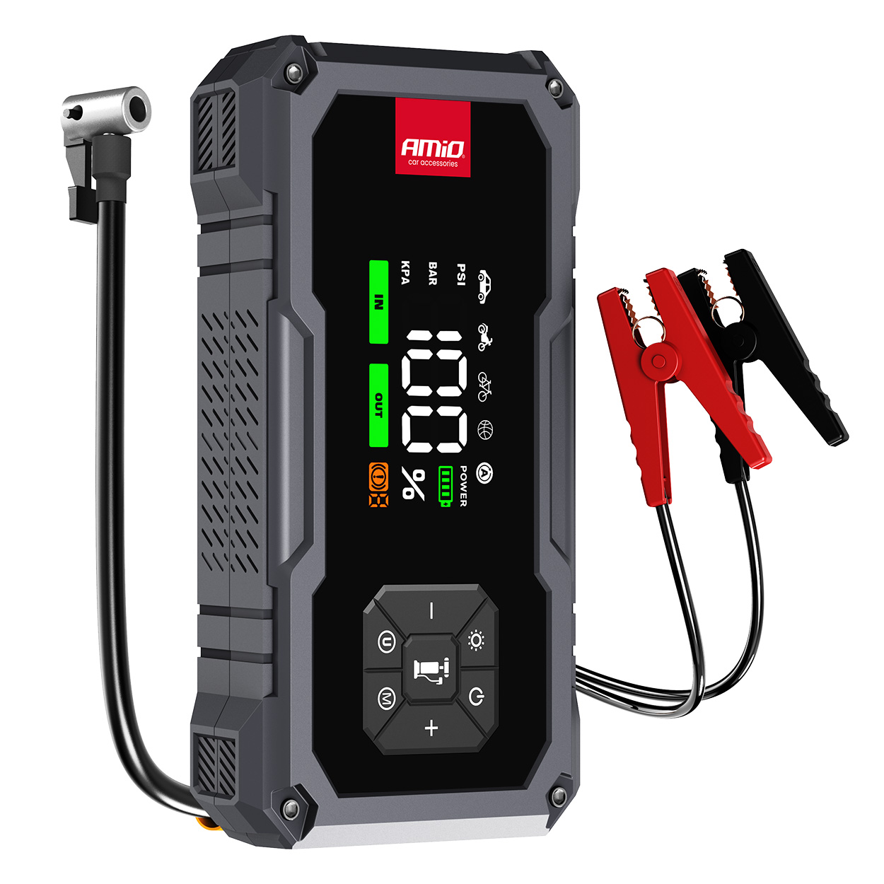 Pārnēsājams 4in1 starteris/LED/gaisa kompresors/ārējā akumulators 12V 7,2Ah 600A PRO AMIO-04674 Pārnēsājams 4in1 starteris/LED/gaisa kompresors/ārējā akumulators 12V 7,2Ah 600A PRO AMIO-04674