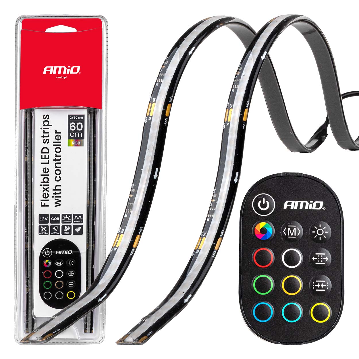 Elastīgas LED COB lentes ar kontrolieri, daudzkrāsu RGB 2x30cm 12V AMIO-04579 Elastīgas LED COB lentes ar kontrolieri, daudzkrāsu RGB 2x30cm 12V AMIO-04579