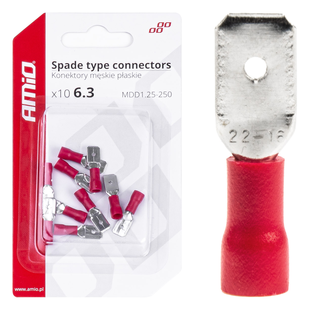 Lāpstveida savienotāji 6.3mm 0.5-1.5mm² 10A 10gab. AMIO-03066 Lāpstveida savienotāji 6.3mm 0.5-1.5mm² 10A 10gab. AMIO-03066