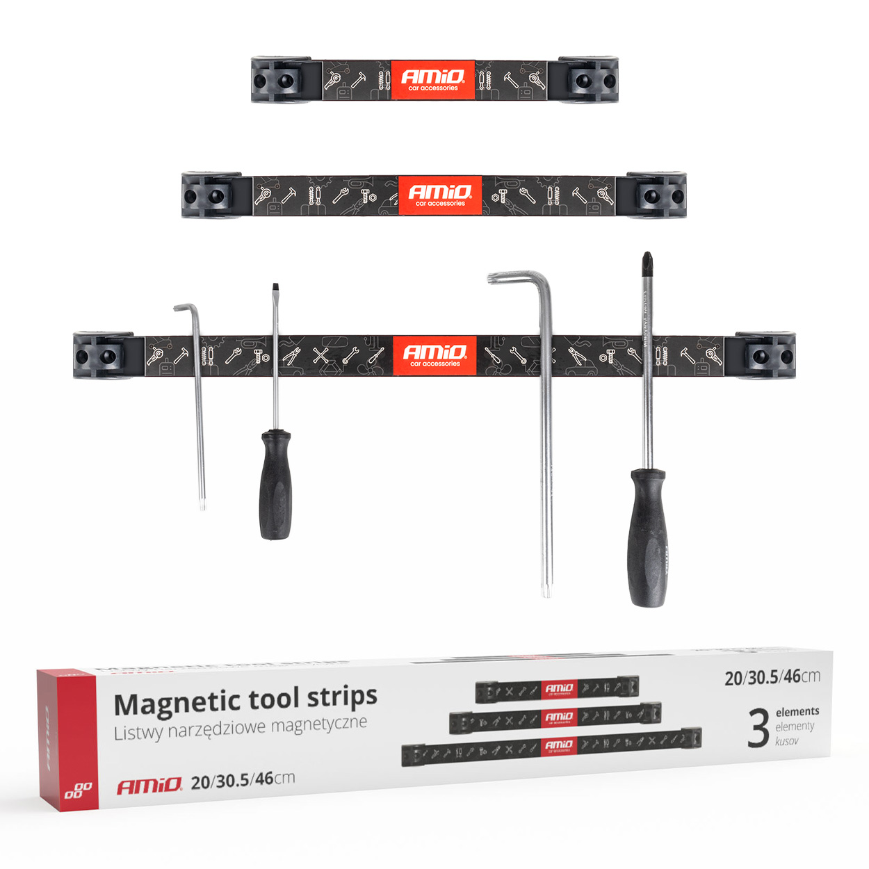 Magnētisko lentu instrumentu turētāju komplekts 1x20cm 1x30,5cm 1x46cm AMIO-04263 Magnētisko lentu instrumentu turētāju komplekts 1x20cm 1x30,5cm 1x46cm AMIO-04263