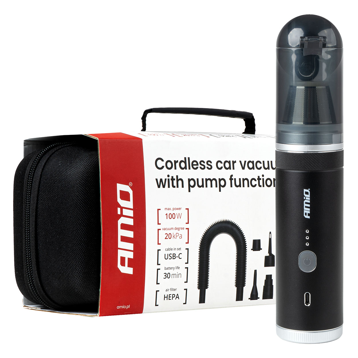 Bezvadu bezsuku automašīnas putekļsūcējs ar sūkņa funkciju 100 W 20 kPa USB-C AMIO-04785 Bezvadu bezsuku automašīnas putekļsūcējs ar sūkņa funkciju 100 W 20 kPa USB-C AMIO-04785
