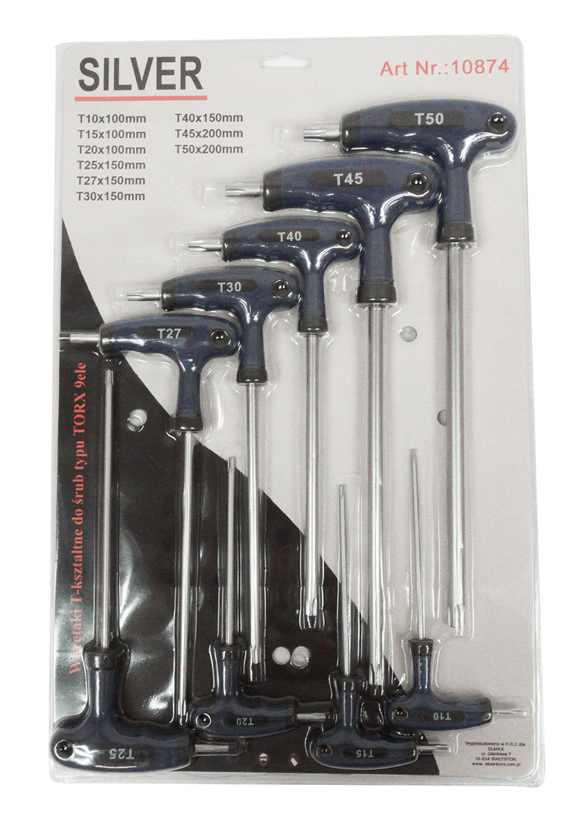 TORX atslēgu komplekts ar T veida rokturi, 9 gab., 10–50 mm, SILVER 10874 TORX atslēgu komplekts ar T veida rokturi, 9 gab., 10–50 mm, SILVER 10874