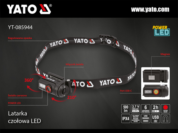 Uzlādējams pieres lukturis 5000lm YATO YT-085944 - Image 2