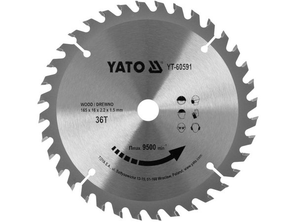 TCT zāģa asmens kokam 165x36Tx16mm YATO YT-60591