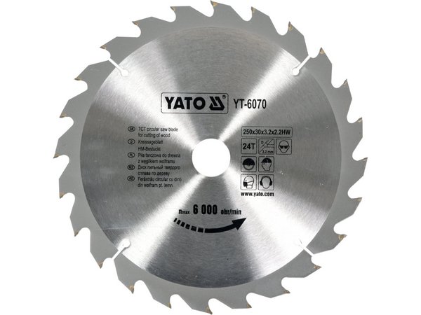 Ripzāģa asmens ar volframa karbīdu 250x30x3,2x2,2 / 24 zobi. YATO YT-6070