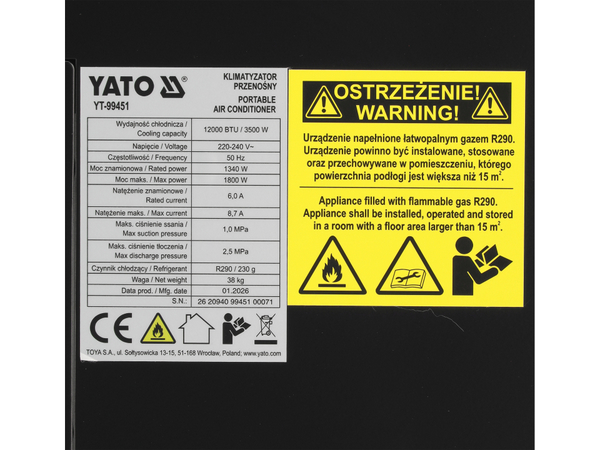 Pārnēsājamais gaisa kondicionieris 3,5 kW YATO YT-99451 - Image 12